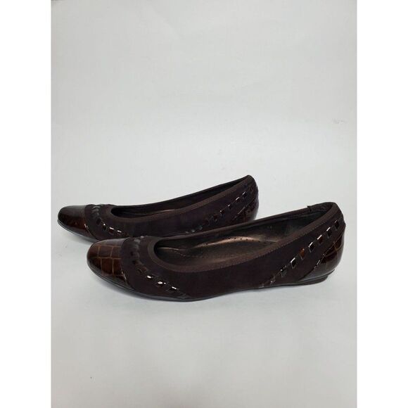 Vaneli Brown Suede and Patent Crocodile Detail Ballet Flats Narrow - Picture 3 of 7